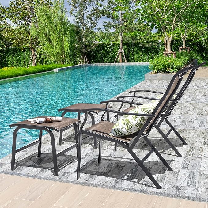 NUU GARDEN Set of 2 Patio Chaise Lounges Chair, Recliner Chairs with Ottoman, All-Weather Textilene Chaise Lounge with Metal Frame, Outdoor Lounge Chairs for Backyard, Garden, Deck, Brown