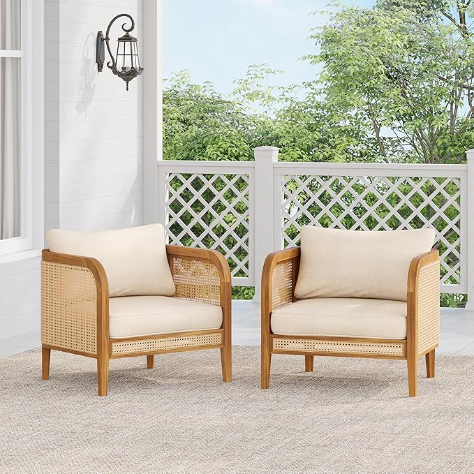 Christopher Knight Home Set of 2 Tilden Bohemian Acacia Wood Patio Accent Chairs, Wicker Lounge Chair Outdoor, Patio Furniture Single Sofa with Cushion, Comfy Garden Reading Chair, Teak+Beige