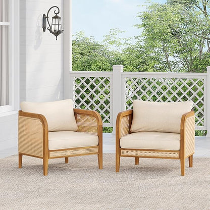 Christopher Knight Home Set of 2 Tilden Bohemian Acacia Wood Patio Accent Chairs, Wicker Lounge Chair Outdoor, Patio Furniture Single Sofa with Cushion, Comfy Garden Reading Chair, Teak+Beige