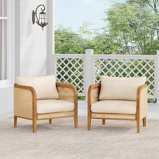 Christopher Knight Home Set of 2 Tilden Bohemian Acacia Wood Patio Accent Chairs, Wicker Lounge Chair Outdoor, Patio Furniture Single Sofa with Cushion, Comfy Garden Reading Chair, Teak+Beige