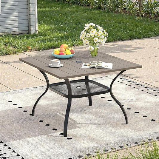 Outdoor Dining Table with Adjustable Umbrella Hole, 37.8" All-Weather Square Patio Dining Table for 4, Metal Patio Table for Garden Lawn Porch Deck Yard, Grey