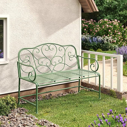 Christopher Knight Home Layon Iron Outdoor Bench, Patio Loveseat for 2 People, Durable Garden Bench with Floral Pattern Backrest, Slatted Seat for Park/Yard, Spacious Outdoor Seating, Matte Green
