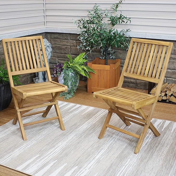 Sunnydaze Foldable Teak Wood Outdoor Chairs – Folding Patio Chair Set of 2 for Deck or Balcony – Wooden Teak Furniture - Photo 2