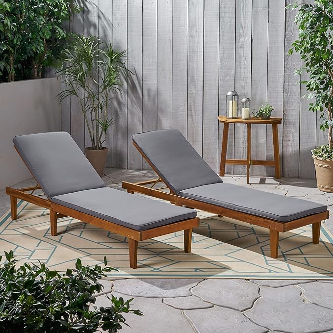 Christopher Knight Home Madge Oudoor Chaise Lounge with Cushion (Set of 2), Teak Finish, Dark Gray - Photo 4