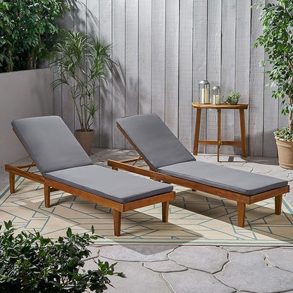Christopher Knight Home Madge Oudoor Chaise Lounge with Cushion (Set of 2), Teak Finish, Dark Gray