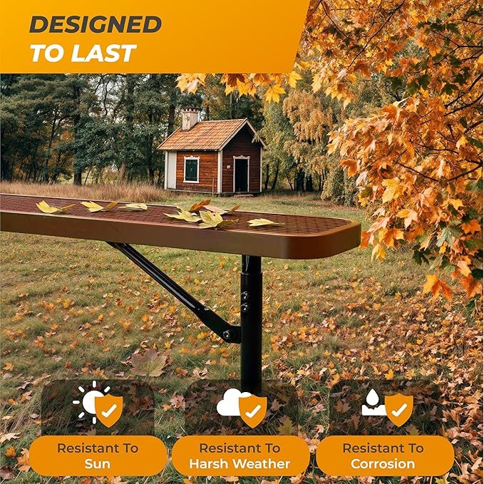 Heavy-Duty Outdoor Metal Bench, Thermoplastic-Coated, Inground, Weatherproof, Commercial-Grade for Parks, Gardens, Patios, Stores & More (8 Ft - Inground, Brown)