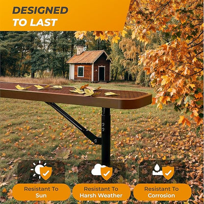 Heavy-Duty Outdoor Metal Bench, Thermoplastic-Coated, Inground, Weatherproof, Commercial-Grade for Parks, Gardens, Patios, Stores & More (8 Ft - Inground, Brown)