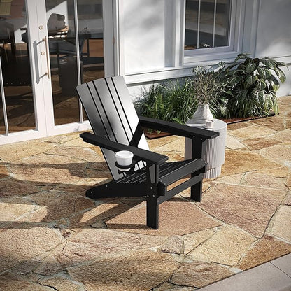 Taylor & Logan Hedley Adirondack Chair with Cup Holder, Weather Resistant HDPE Adirondack Chair in Black
