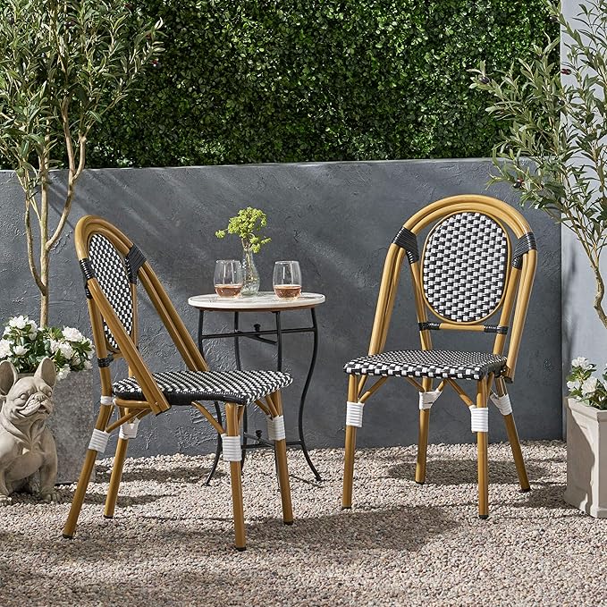 Gwendolyn Outdoor French Bistro Chairs (Set of 2), Black, White, and Bamboo Finish - Photo 2
