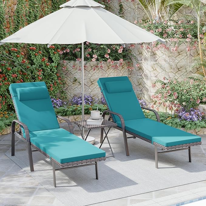 3 Pieces Patio Chaise Lounge Set Outdoor PE Rattan Armrest Lounge Chair Adjustable Backrest Reclining Chair with Folding Table and Cushion for Patio Poolside Backyard Porch Beach(Blue)