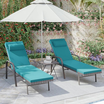 3 Pieces Patio Chaise Lounge Set Outdoor PE Rattan Armrest Lounge Chair Adjustable Backrest Reclining Chair with Folding Table and Cushion for Patio Poolside Backyard Porch Beach(Blue)
