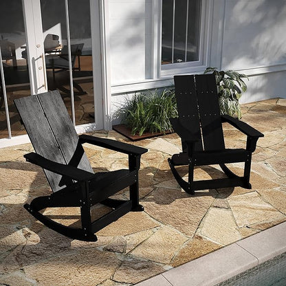 Taylor & Logan Finn Modern All-Weather 2-Slat Poly Resin Rocking Adirondack Chair with Rust Resistant Stainless Steel Hardware in Black - Set of2