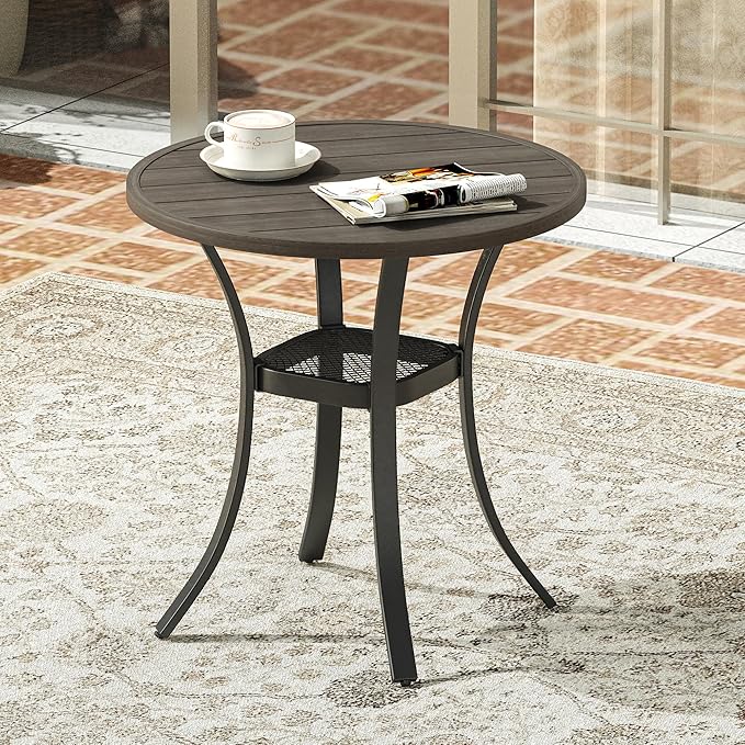 VICLLAX Round Patio Dining Table, Metal Outdoor Bistro Table with Storage Shelf for Balcony Garden Deck, 27.6" Ash Grey - Photo 7