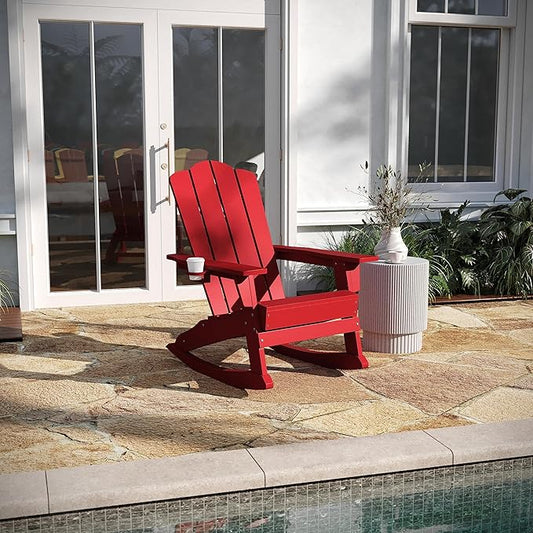 Taylor & Logan Nellis Adirondack Rocking Chair with Cup Holder, Weather Resistant HDPE Adirondack Rocking Chair in Red