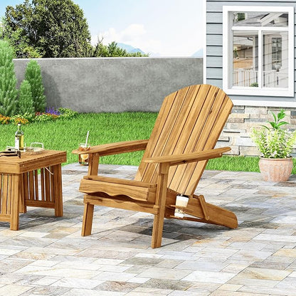 Christopher Knight Home Vera Acacia Wood Lounge Chair Outdoor, Adirondack Chair with Cup Holders, Slatted Design Side Chair, Extra Seating for Balcony Backyard Poolside Garden, Weather Resistant, Teak