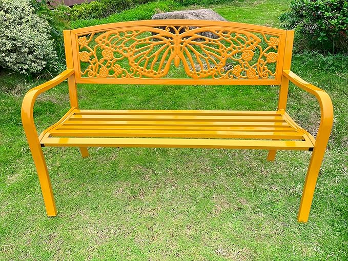 Hi-Line Gift Ltd 50" Outdoor Metal Garden Bench with Butterfly Design Backrest - Yellow