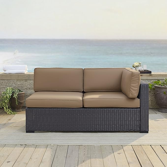 Crosley Furniture Biscayne Outdoor Sectional Loveseat, 2-Person Wicker Patio Couch for Deck, Backyard, Brown with Mocha Cushions