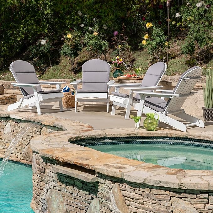 Christopher Knight Home Amenda Outdoor Acacia Wood Folding Adirondack Chairs with Cushions (Set of 4), Gray, White + Grey