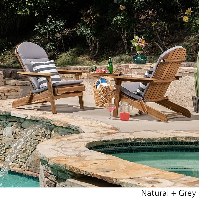 Christopher Knight Home 304616 Amenda Outdoor Acacia Wood Folding Adirondack Chairs with Cushions (Set of 2), Natural and Gray