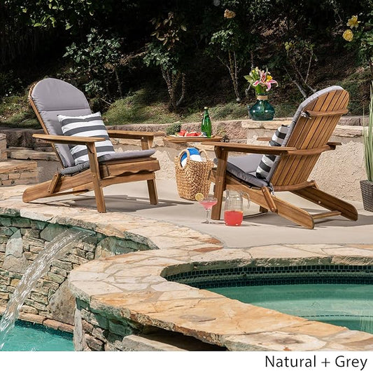 Christopher Knight Home 304616 Amenda Outdoor Acacia Wood Folding Adirondack Chairs with Cushions (Set of 2), Natural and Gray