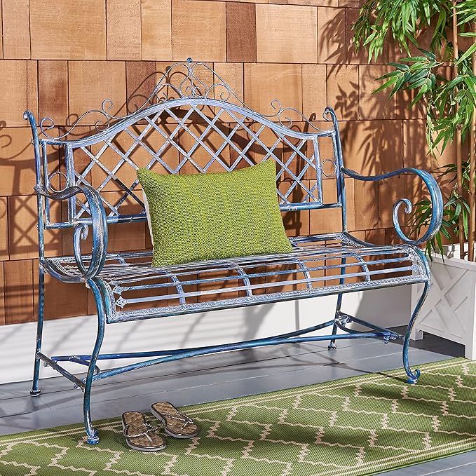Safavieh PAT5017C Outdoor Collection Abner Antique Blue Wrought Iron 46-inch Garden Bench - Photo 2