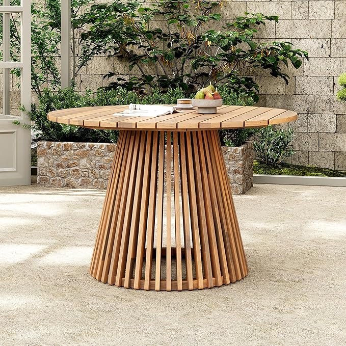 GDFStudio 47.25" Outdoor Round Dining Table,Weather-Resistant Acacia Wood Patio Center Table for Backyard, Lawn, Garden, Balcony, Courtyard, Easy Assembly Rustic Slatted Base Tables, 29.75 Light Teak