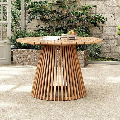 GDFStudio 47.25" Outdoor Round Dining Table,Weather-Resistant Acacia Wood Patio Center Table for Backyard, Lawn, Garden, Balcony, Courtyard, Easy Assembly Rustic Slatted Base Tables, 29.75 Light Teak
