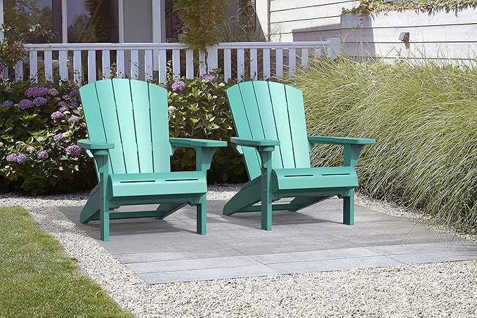 Keter Alpine Adirondack 2 Pack Resin Outdoor Furniture Patio Chairs with Cup Holder-Perfect for Beach, Pool, and Fire Pit Seating, Teal