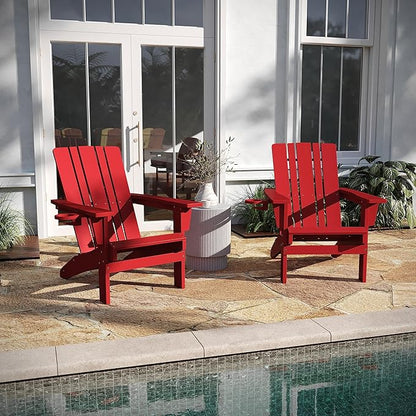 Taylor & Logan Hedley Adirondack Chair with Cup Holder, Weather Resistant HDPE Adirondack Chair in Red, Set of 2