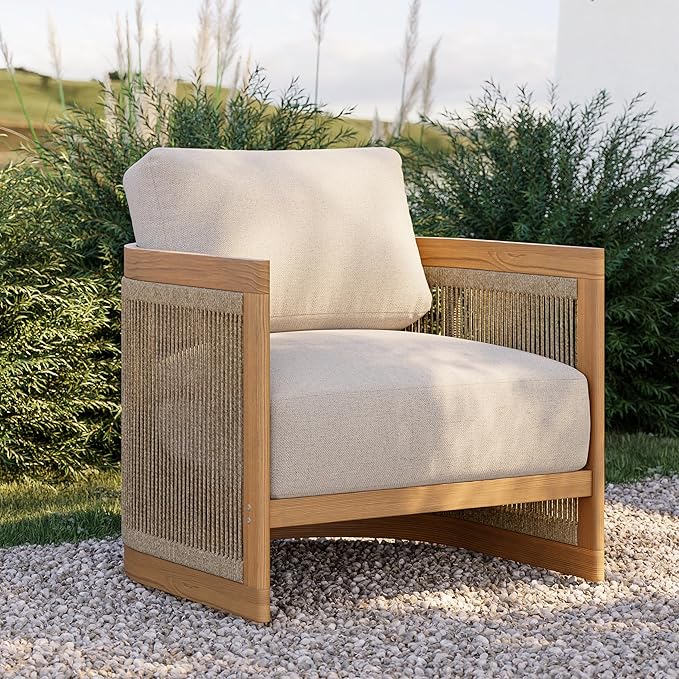 homary Teak Outdoor Chair, Rope Woven Patio Lounge Chair with All-Weather Cushions, Deep Seat Ergonomic Armchair with Removable Washable Covers (1 Chair)