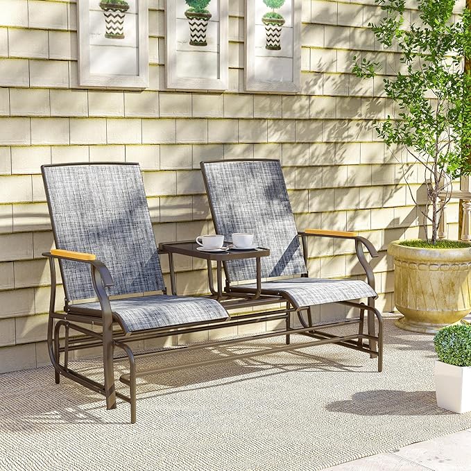 Outsunny 2 Person Outdoor Glider Bench, Patio Swing Glider Chair Loveseat with Breathable Mesh, Table - Photo 9