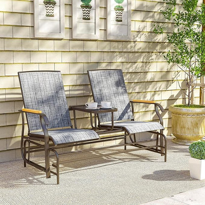Outsunny 2 Person Outdoor Glider Bench, Patio Swing Glider Chair Loveseat with Breathable Mesh, Table, Steel Frame for Garden, Backyard, Porch, Gray