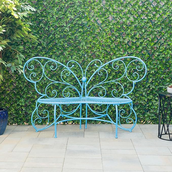 Alpine Corporation BAZ400BL Indoor Outdoor Metal Butterfly Shaped Garden Bench, 62" Long, Blue - Photo 2