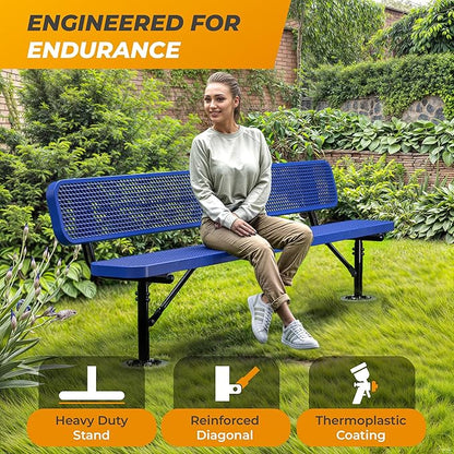 Heavy-Duty Outdoor Metal Bench, Thermoplastic-Coated, Surface, Weatherproof, Commercial-Grade for Parks, Gardens, Patios, Stores & More (8 Ft - Surface with Back, Blue)