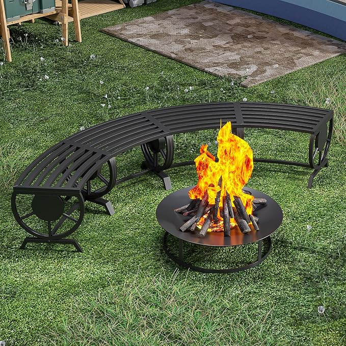 Outdoor Bench Patio Outdoor Garden Bench with Built-in Table, Wagon Wheel Arms, 3 People Outdoor Bench Garden Bench Front Porch Furniture (Black-22.83inch-4Pieces)