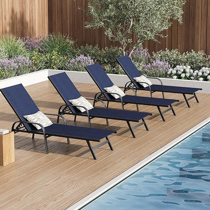 Outdoor Lounge Chair, Adjustable Patio Reclining Chaise with Textilene Fabric, Pool Lounge Chair with 5-Position Backrest for Patio, Garden, Poolside & Balcony,Navy Blue Set of 4
