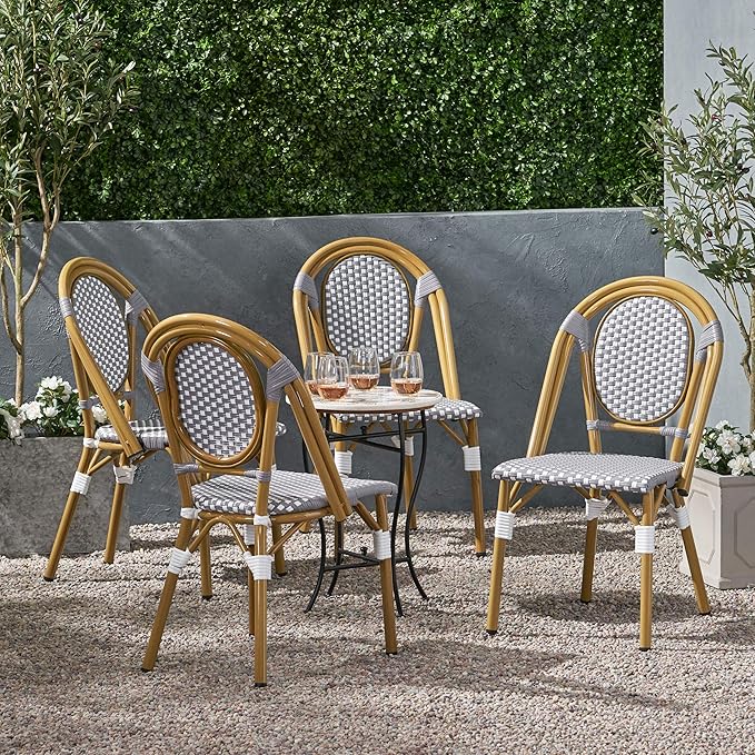 Christopher Knight Home Gwendolyn Outdoor French Bistro Chairs (Set of 4), Gray + White + Bamboo Print Finish - Photo 2
