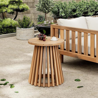 Merax Outdoor Acacia Wood Coffee Table 15.75" Round Patio Side Table for Backyard Lawn Balcony, Aesthetic Slat Base Design (Light Teak)