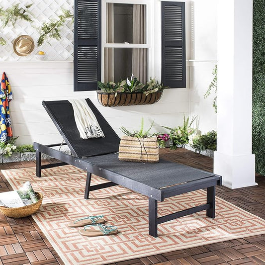 SAFAVIEH Outdoor Collection Manteca Dark Slate Grey Solid Wood/Dark Grey Texline Fabric Adjustable Chaise Lounge Chair (PAT6708K)