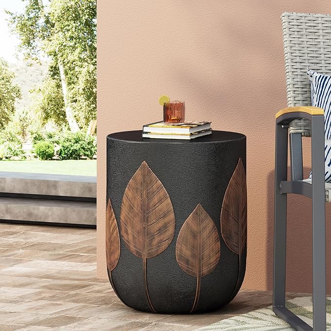 Outdoor Side Table Concrete End Table Round Drum Side Tables Antique Small Coffee Tables for Indoor Outdoor, Garden Stool Plant Stand for Porch Backyard Patio 15.25" Black & Gold Leaves