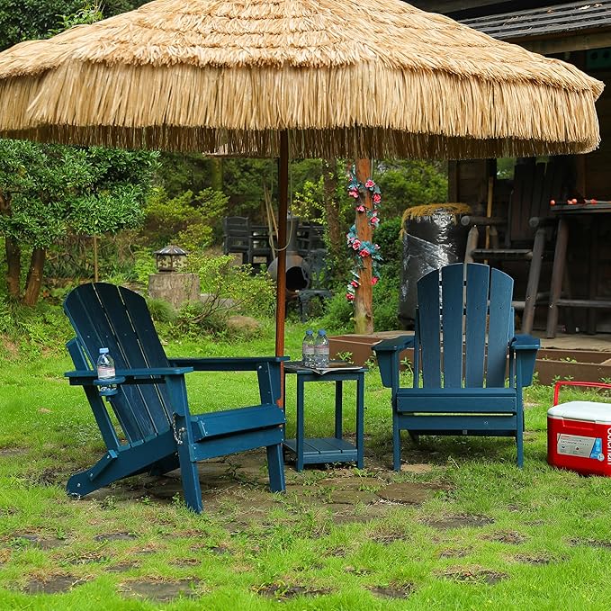 HDPE Folding Adirondack Chair with Cup Holder Outside, Composite Outdoor Chairs with Wood Texture, Blue - Photo 4