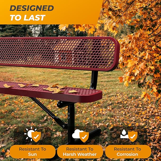 Heavy-Duty Outdoor Metal Bench, Thermoplastic-Coated, Portable, Weatherproof, Commercial-Grade for Parks, Gardens, Patios, Stores & More (6 Ft - Portable with Back, Red)