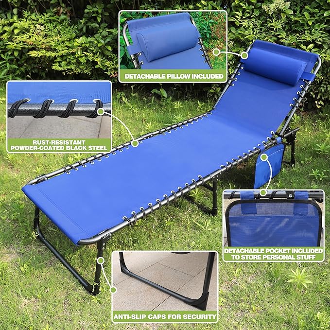 Outdoor Foldable Lounge Chair, Chaise Lounge Outdoor with Detachable Pillow & Pocket, Portable Tanning Chair with 5 Position Adjustable Back, Patio, Beach and Pool, Blue