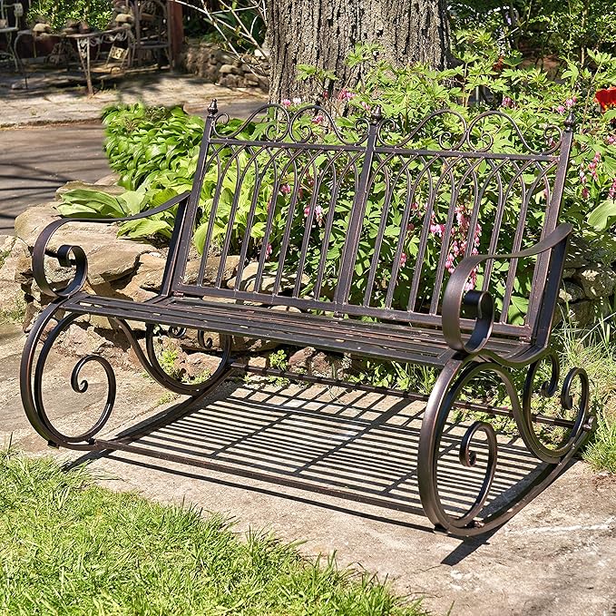 Zaer Ltd. Outdoor Metal Rocking Arm Chair/Bench (Bench, Bronze)