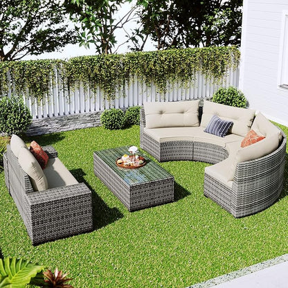Quarte 8-Pieces Outdoor Wicker Round Sofa Set,All Weather PE Rattan Half-Moon Sectional Sets with Rectangular Coffee Table,Curved Sofa Set for Garden, Deck