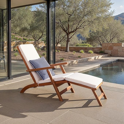 SAFAVIEH Outdoor Collection Palmdale Natural Brown Solid Wood/Beige Cushion with Striped Pillow Chaise Lounge Chair (PAT7015E)
