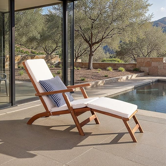 SAFAVIEH Outdoor Collection Palmdale Natural Brown Solid Wood/Beige Cushion with Striped Pillow Chaise Lounge Chair (PAT7015E)