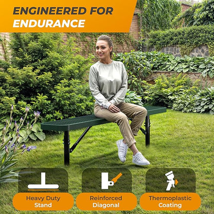 Heavy-Duty Outdoor Metal Bench, Thermoplastic-Coated, Inground, Weatherproof, Commercial-Grade for Parks, Gardens, Patios, Stores & More (6 Ft - Inground, Green)