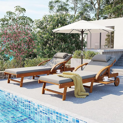 LUMISOL Acacia Wood Chaise Lounge Chair Set of 2, Patio Outdoor Chaise Lounge with Cushions, Adjustable Backrest, Leg Rest, Headrest, Retractable Side Tray for Patio, Pool, Garden, Grey