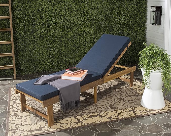 SAFAVIEH Outdoor Collection Inglewood Natural Solid Wood/Navy Cushion Adjustable Chaise Lounge Chair (PAT6723B) - Photo 2